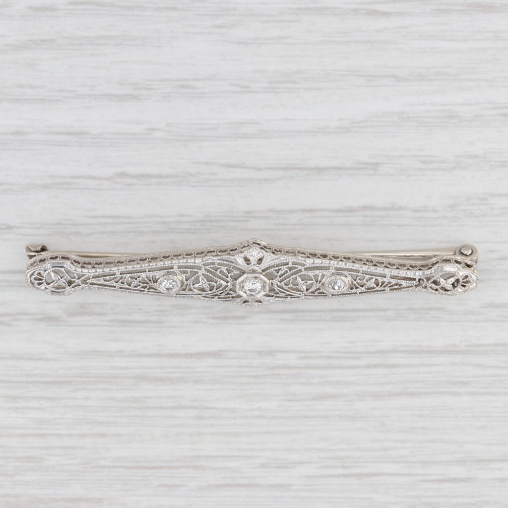 Light Gray Art Deco 0.11ctw Diamond Filigree Bar Brooch 14k White Gold Platinum Pin