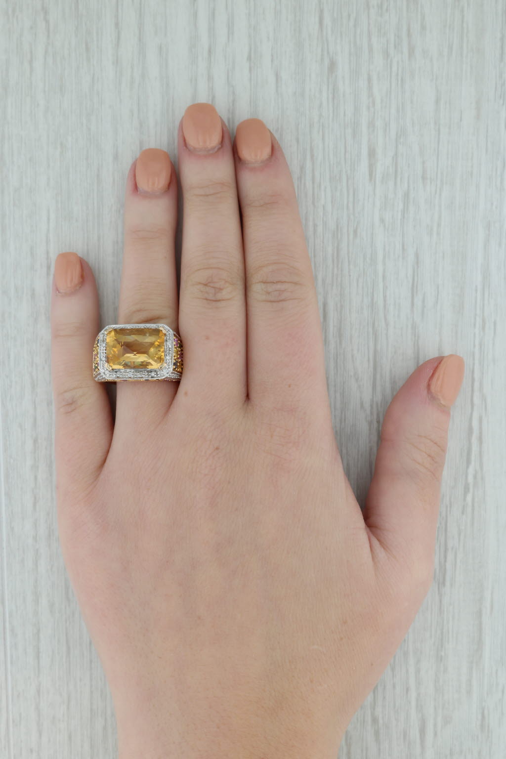 Dark Gray 9.44ctw Citrine Sapphire Zircon Tsavorite Diamond Halo Cocktail Ring 14k Gold