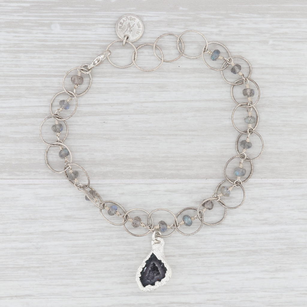 Light Gray New Nina Nguyen Druzy Geode Quartz Labradorite Bead Charm Bracelet 7.5" Sterling