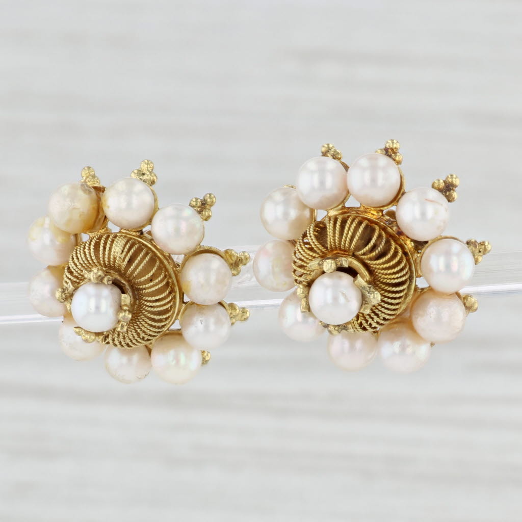 Light Gray Vintage Cultured Pearl Cluster Statement Earrings 10k Yellow Gold
