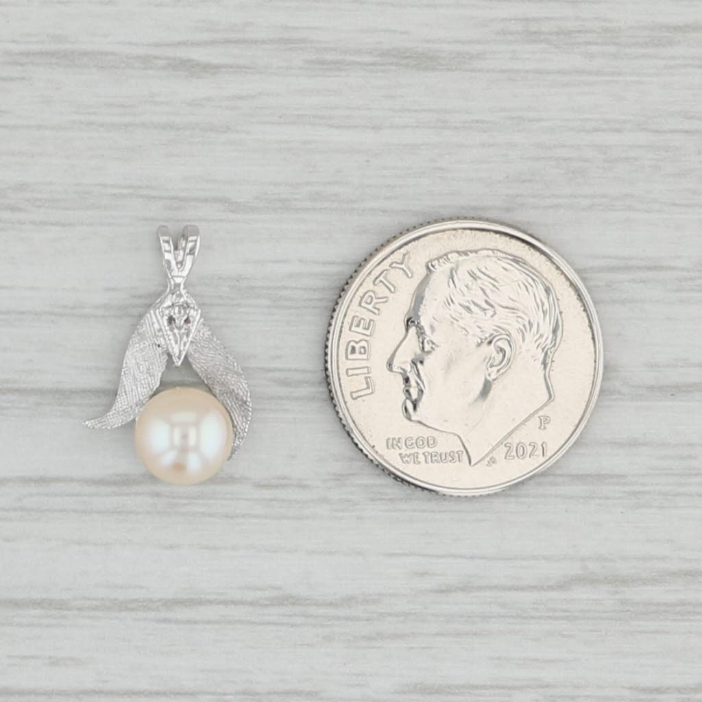 Light Gray Small Cultured Pearl Diamond Drop Pendant 14k White Gold