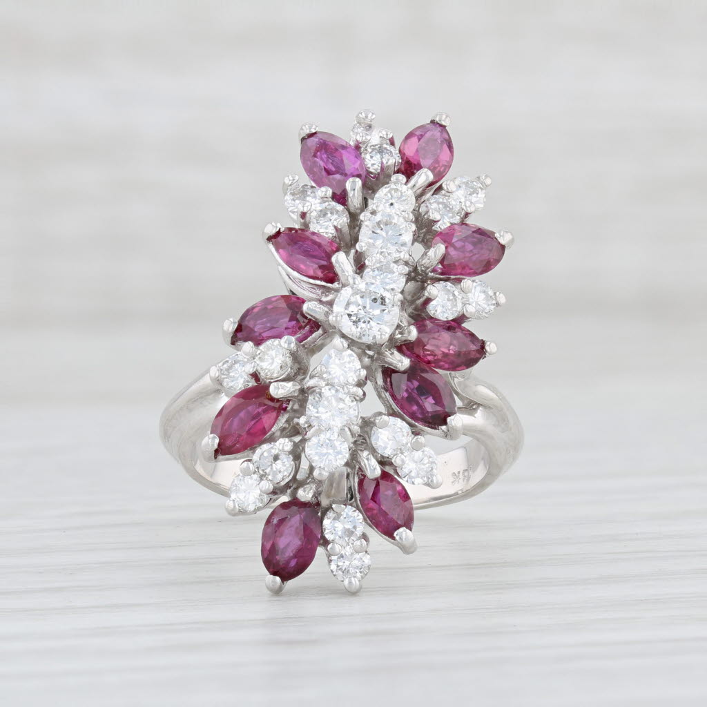 Light Gray 3.65ctw Ruby Diamond Cocktail Ring 18k White Gold Size 6 Gemstone Cluster