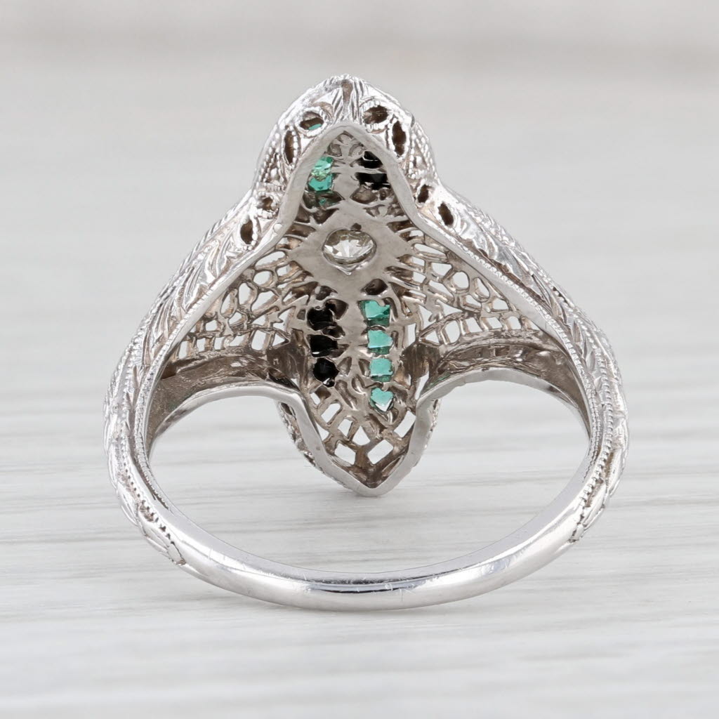 Light Gray Art Deco Diamond Emerald Glass Floral Filigree Ring 18k Gold Platinum Size 6.5