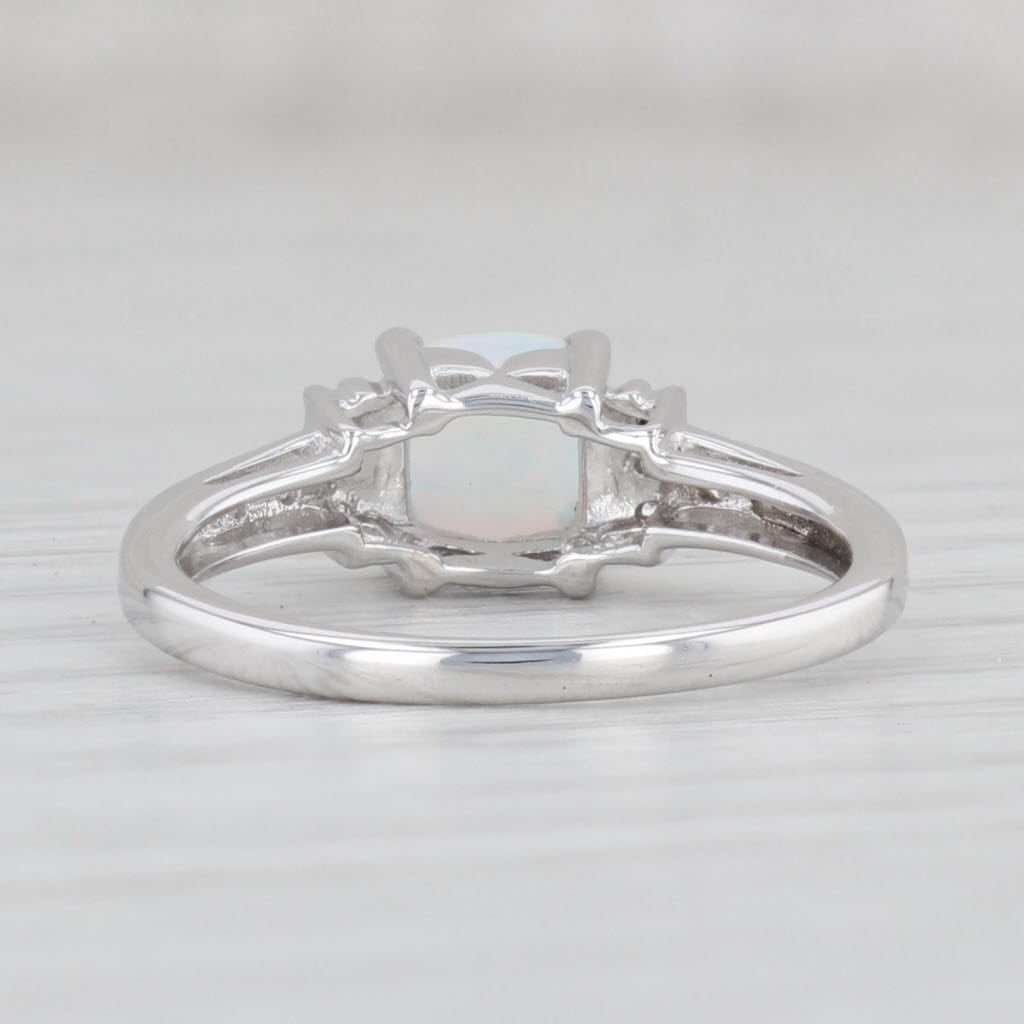 Light Gray Lab Created Opal Diamond Ring 14k White Gold Size 6 Cushion Cabochon