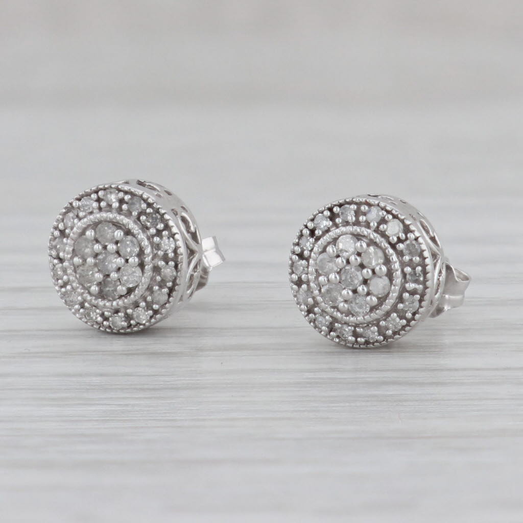 Gray 0.18ctw Diamond Halo Stud Earrings 10k White Gold Round Pierced Studs
