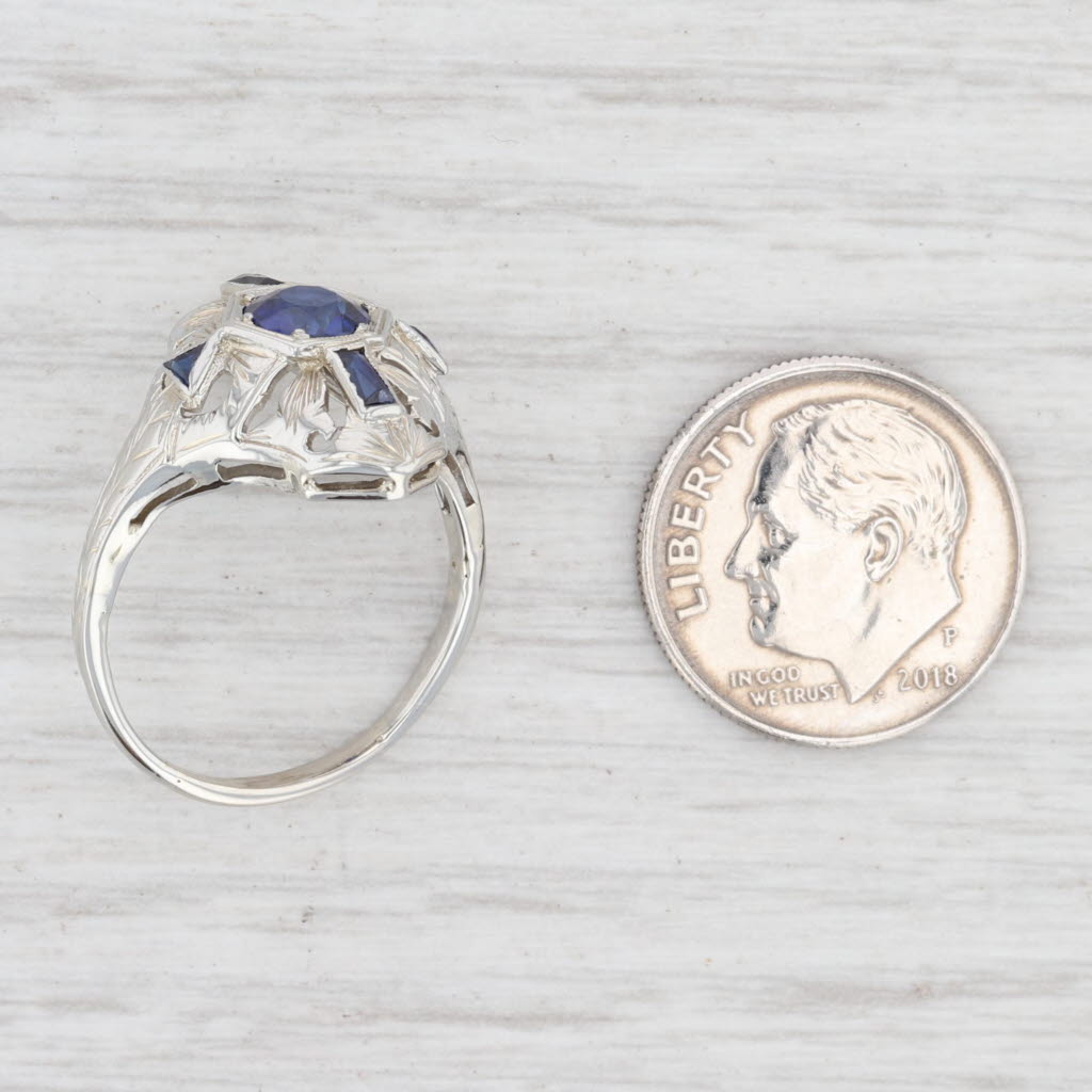 Light Gray Art Deco Synthetic Blue Sapphire Ring 18k White Gold Size 7 Vintage Floral