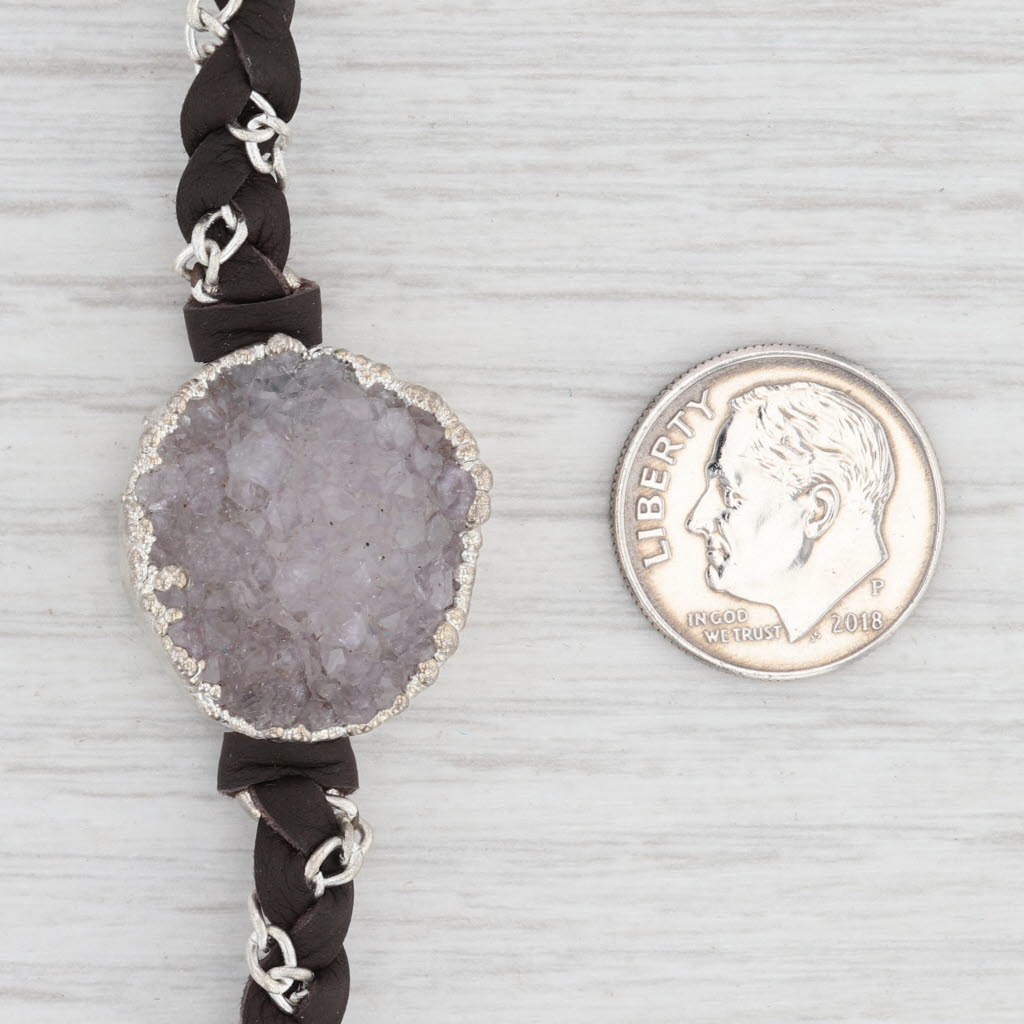 Light Gray New Nina Nguyen Druzy Quartz Cordelia Necklace Woven Dark Brown Leather Tags