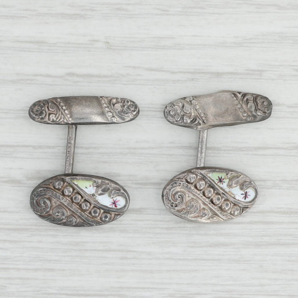 Light Gray Antique Ornate Cufflinks Sterling Silver Enamel AS IS
