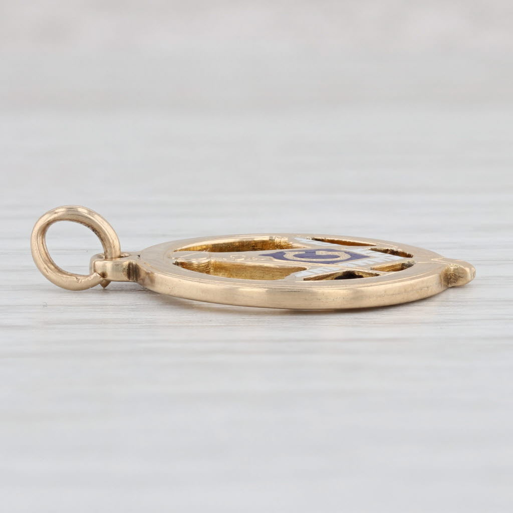 Light Gray Antique Masonic Blue Lodge Square Compass Pendant 14k Yellow Gold Enamel Charm