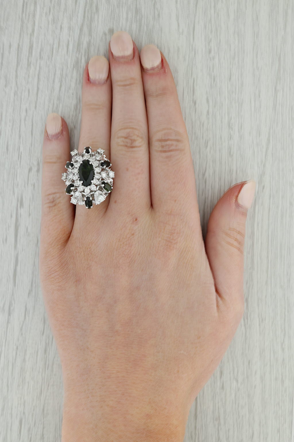 Dark Gray 3.37ctw Green Tourmaline Diamond Cocktail Ring 18k White Gold Size 7.75