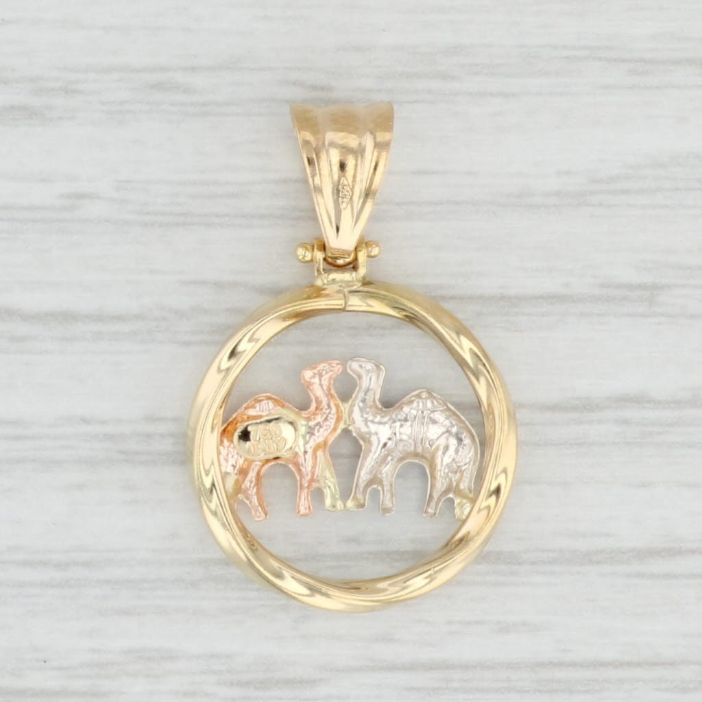 Light Gray Tri-Toned 2 Camels Pendant 18k Yellow White Rose Gold Religious Jewelry