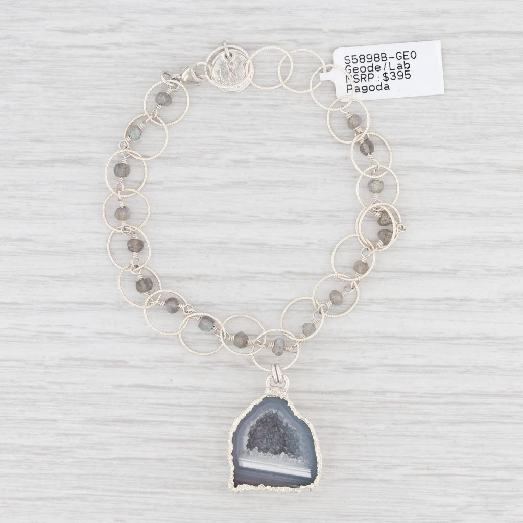 Light Gray New Nina Nguyen Geode Labradorite Charm Bracelet Sterling Silver 7" Cable Chain