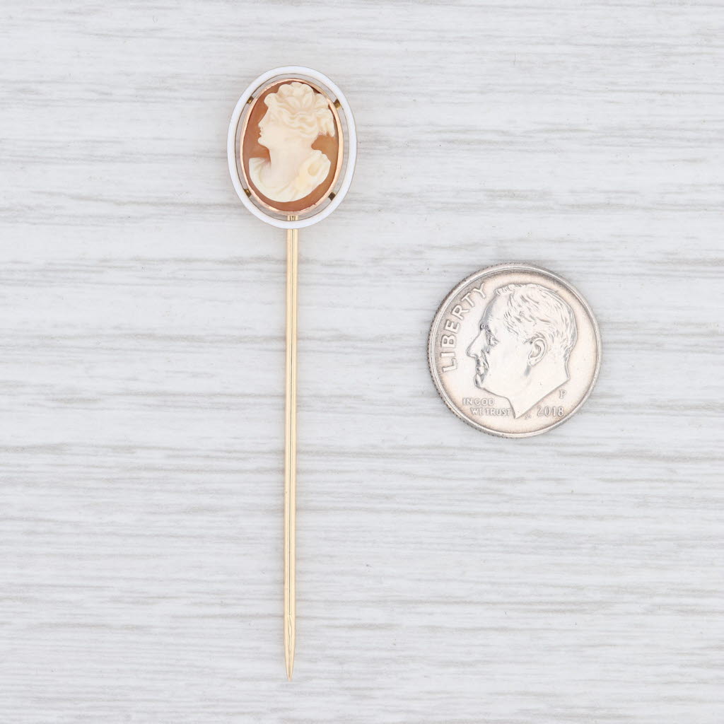 Light Gray Cameo Stickpin 14k Yellow Gold Carved Shell Enamel Vintage Pin