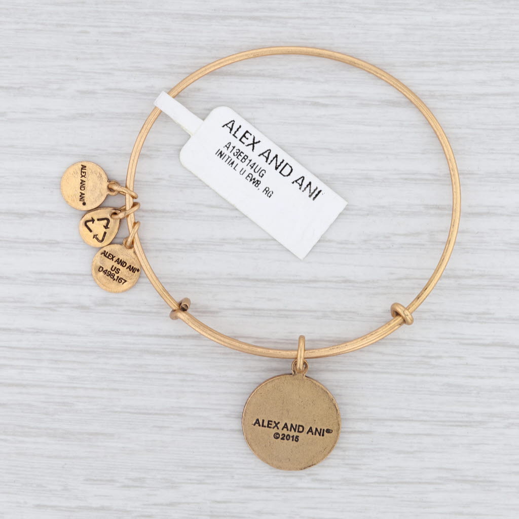 Light Gray New Alex and Ani Initial U Bangle Charm Bracelet Rafaelian Gold Expandable