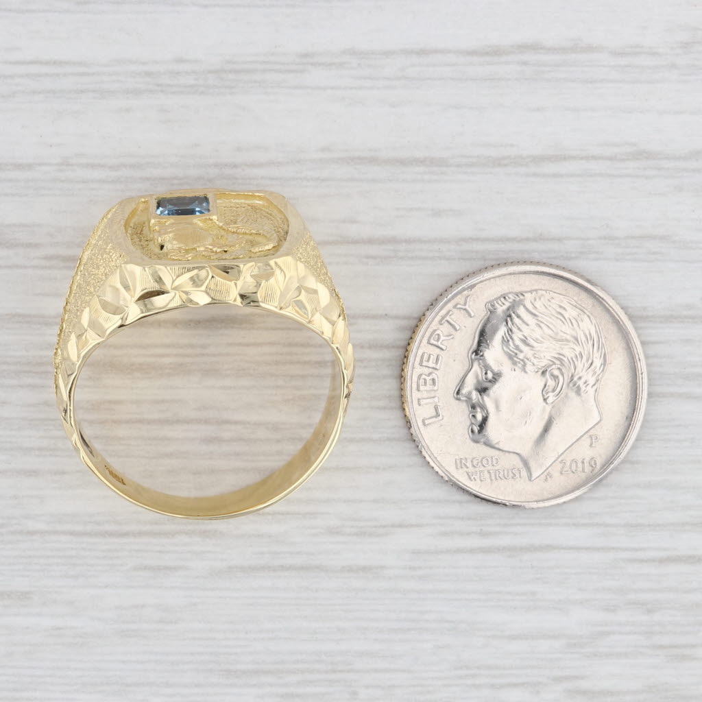 Light Gray Blue Lab Created Spinel Knight Signet Ring 18k Gold Coat of Arms Crest Size 8.5