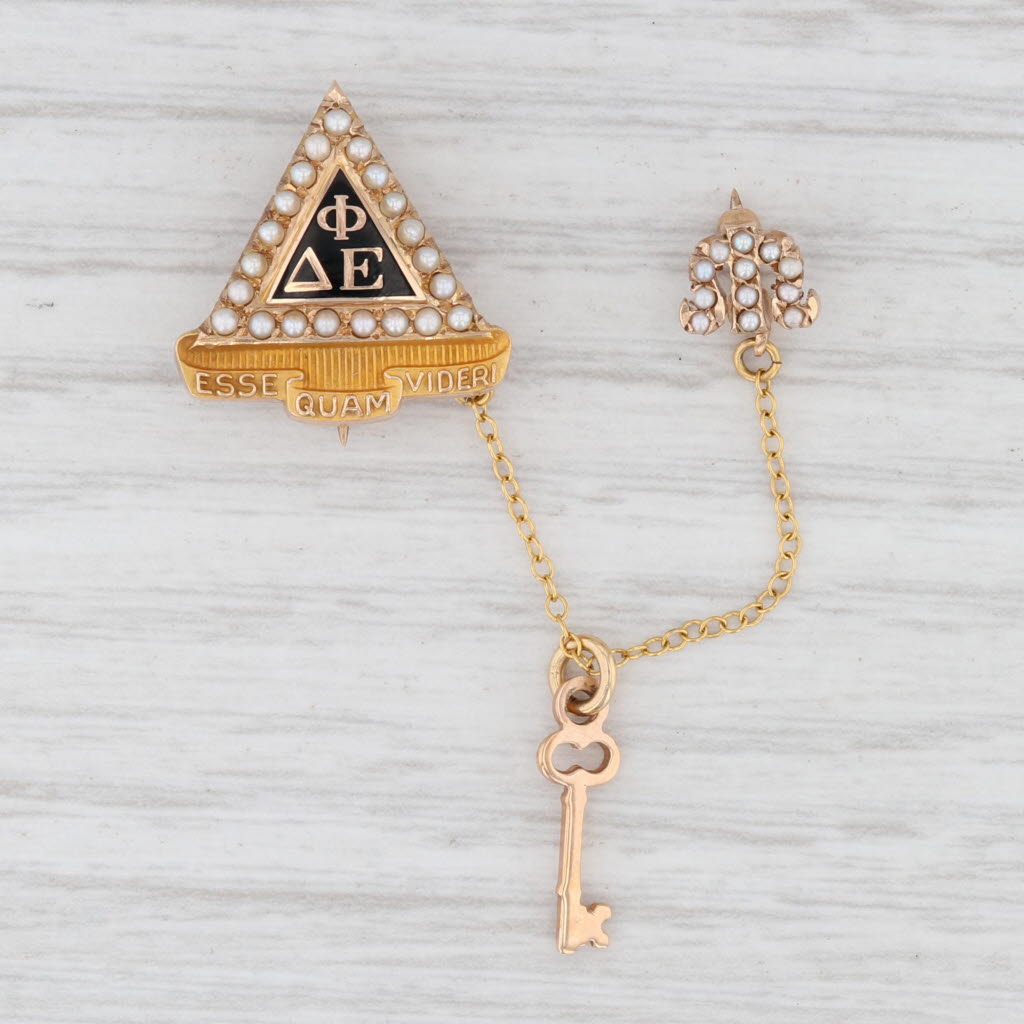 Light Gray Delta Phi Epsilon Sorority Pin 10k Gold Pearls Greek Society Badge