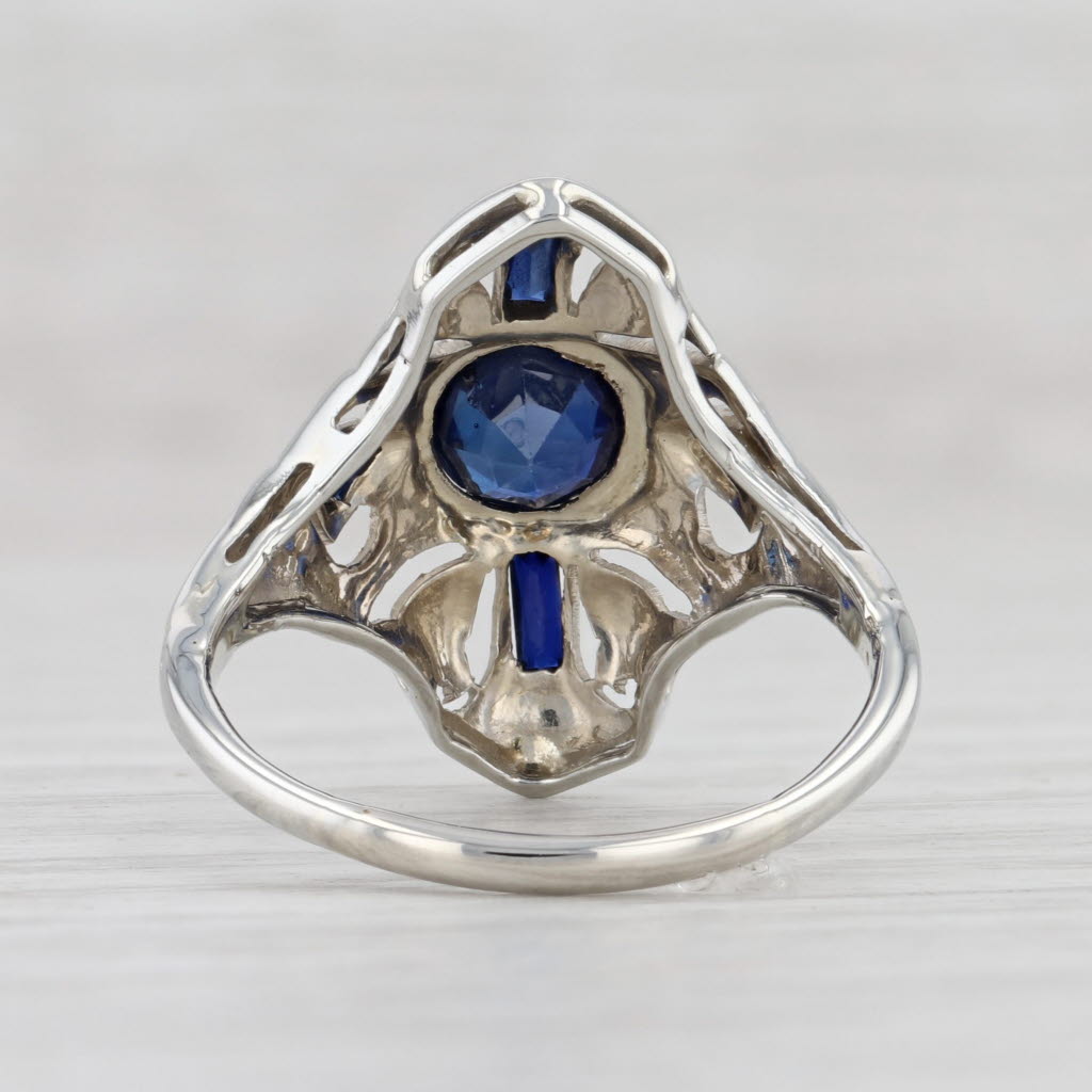 Light Gray Art Deco Synthetic Blue Sapphire Ring 18k White Gold Size 7 Vintage Floral