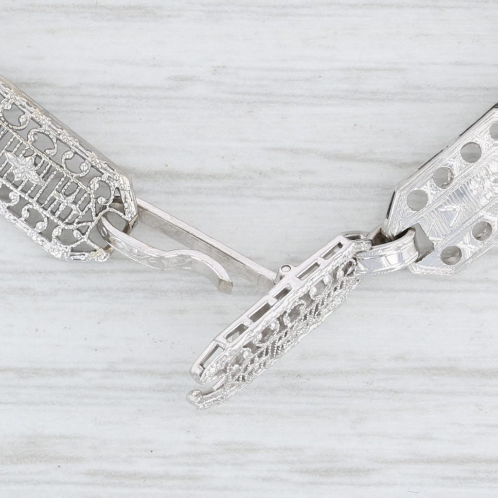 Light Gray Art Deco Diamond Bracelet Platinum Silver 14k Gold 7" Antique Filigree 3 Stone