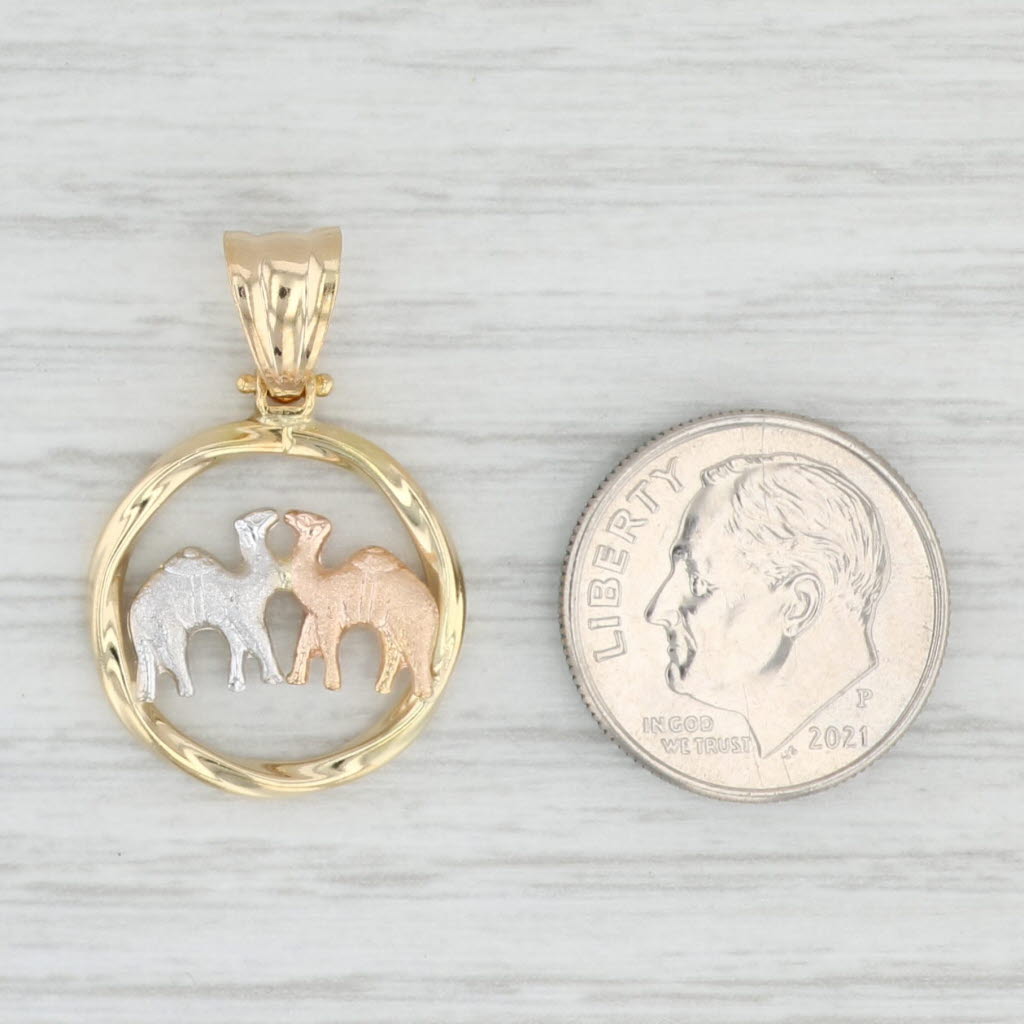 Light Gray Tri-Toned 2 Camels Pendant 18k Yellow White Rose Gold Religious Jewelry