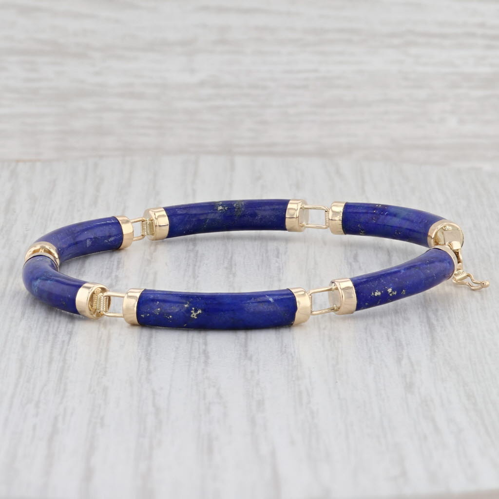 Light Gray Lapis Lazuli Bracelet 14k Gold 7.25" 5.2mm Chinese Character Shou Longevity