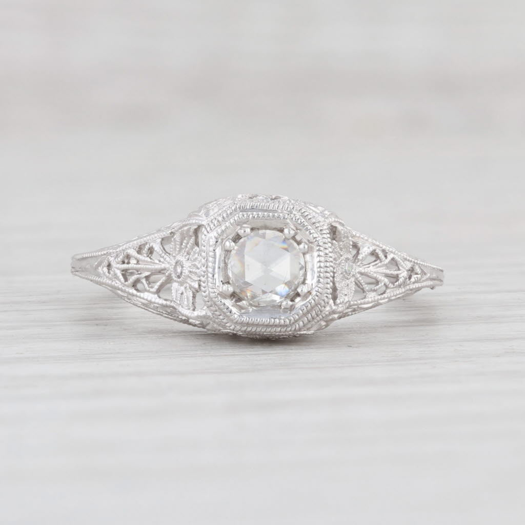 Light Gray New Floral Rose Cut Diamond Engagement Ring 14k White Gold Size 6.75 Solitaire