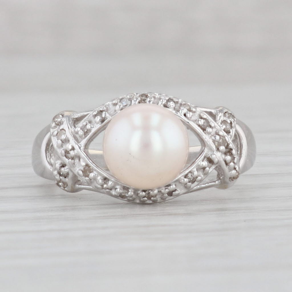 Light Gray Saltwater Cultured Pearl Diamond Ring 14k White Gold Size 7