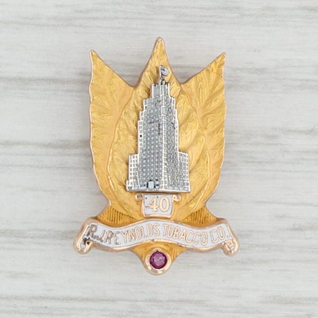Light Gray R.J. Reynolds Tobacco Co. Pin 40 Year Service 10k Gold Ruby RJR Employee Award