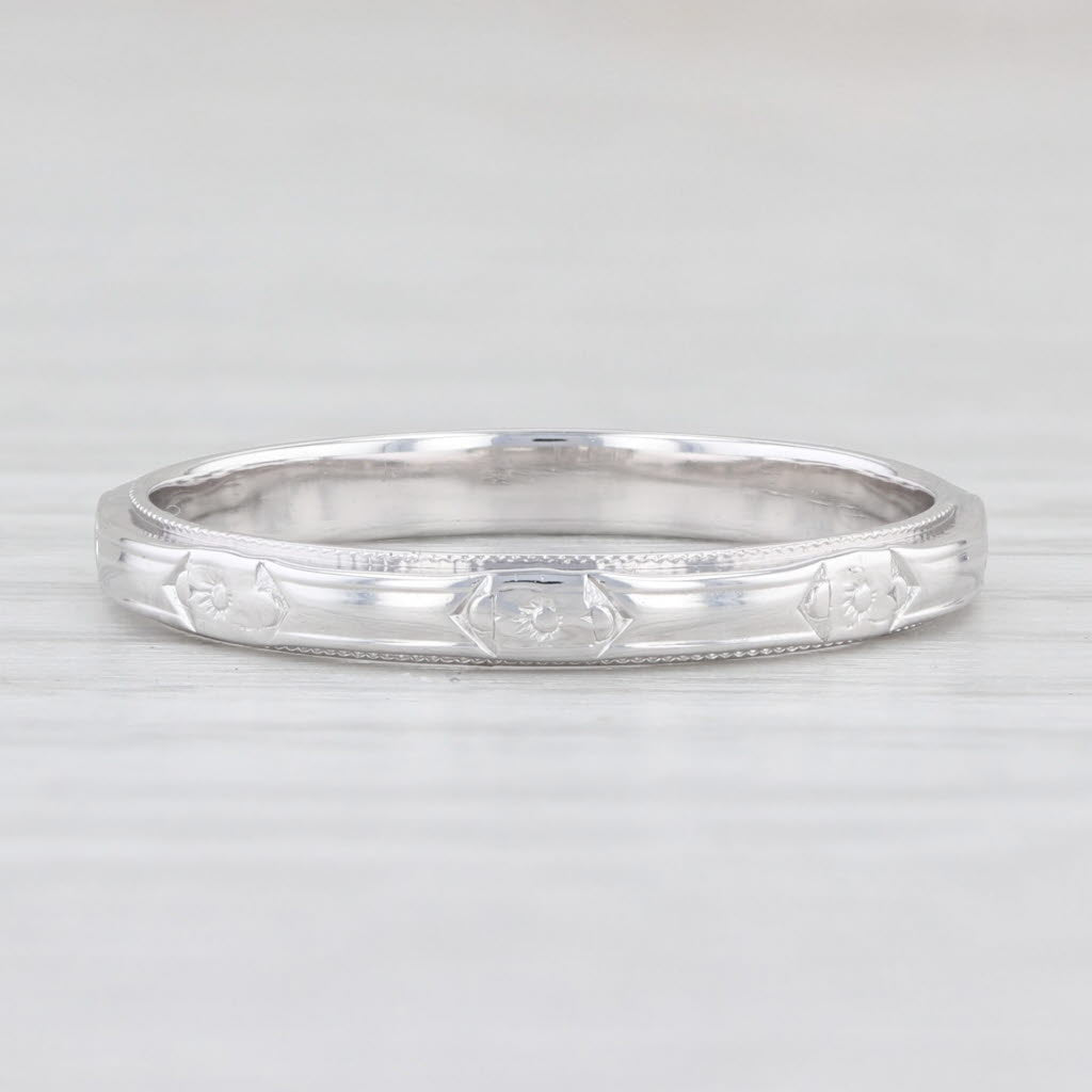 Light Gray Art Deco Floral Wedding Band 14k White Gold Stackable Ring