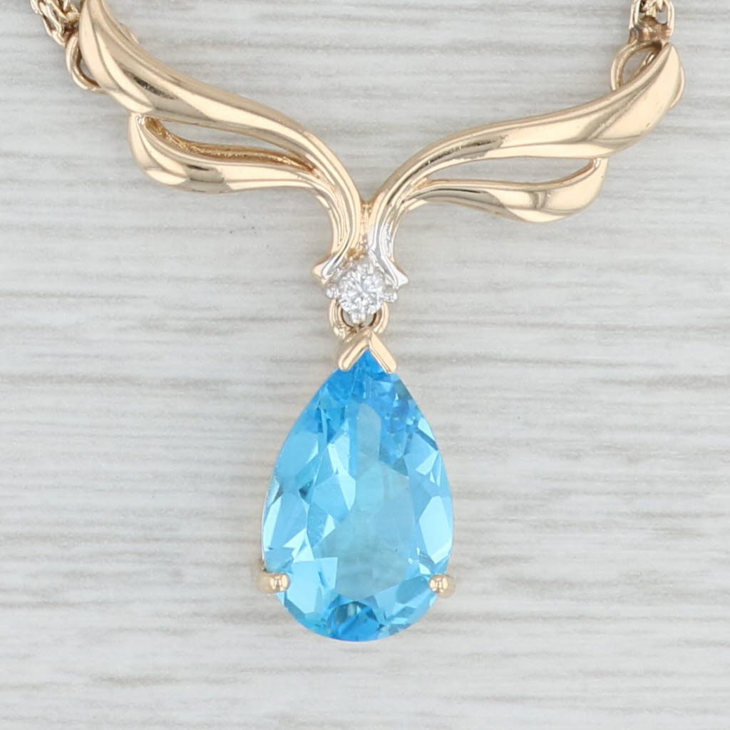 Light Gray 14.94ctw Blue Topaz Diamond Teardrop V Necklace 14k Gold 16” Bismarck Chain