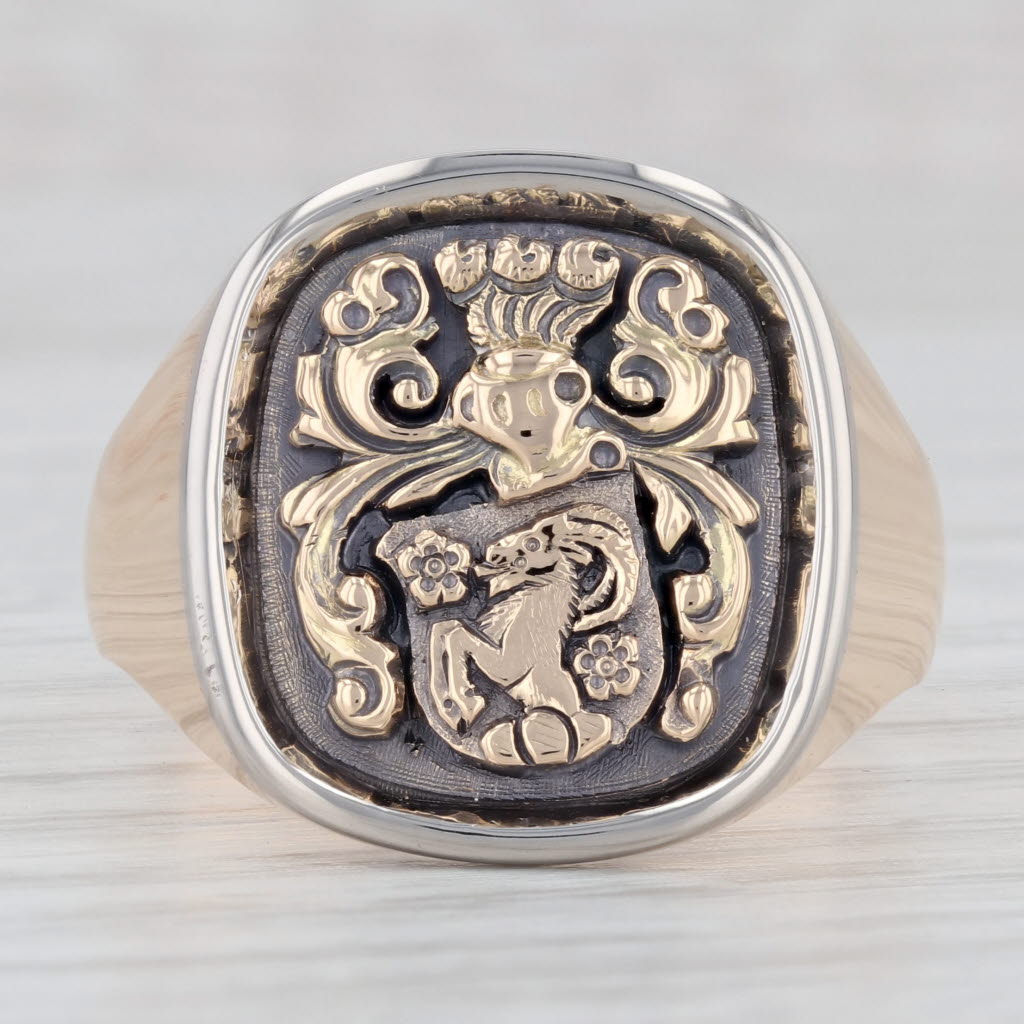 Light Gray Ram Knight Coat of Arms Signet Ring 18k Gold Coat of Arms Size 13 Men's
