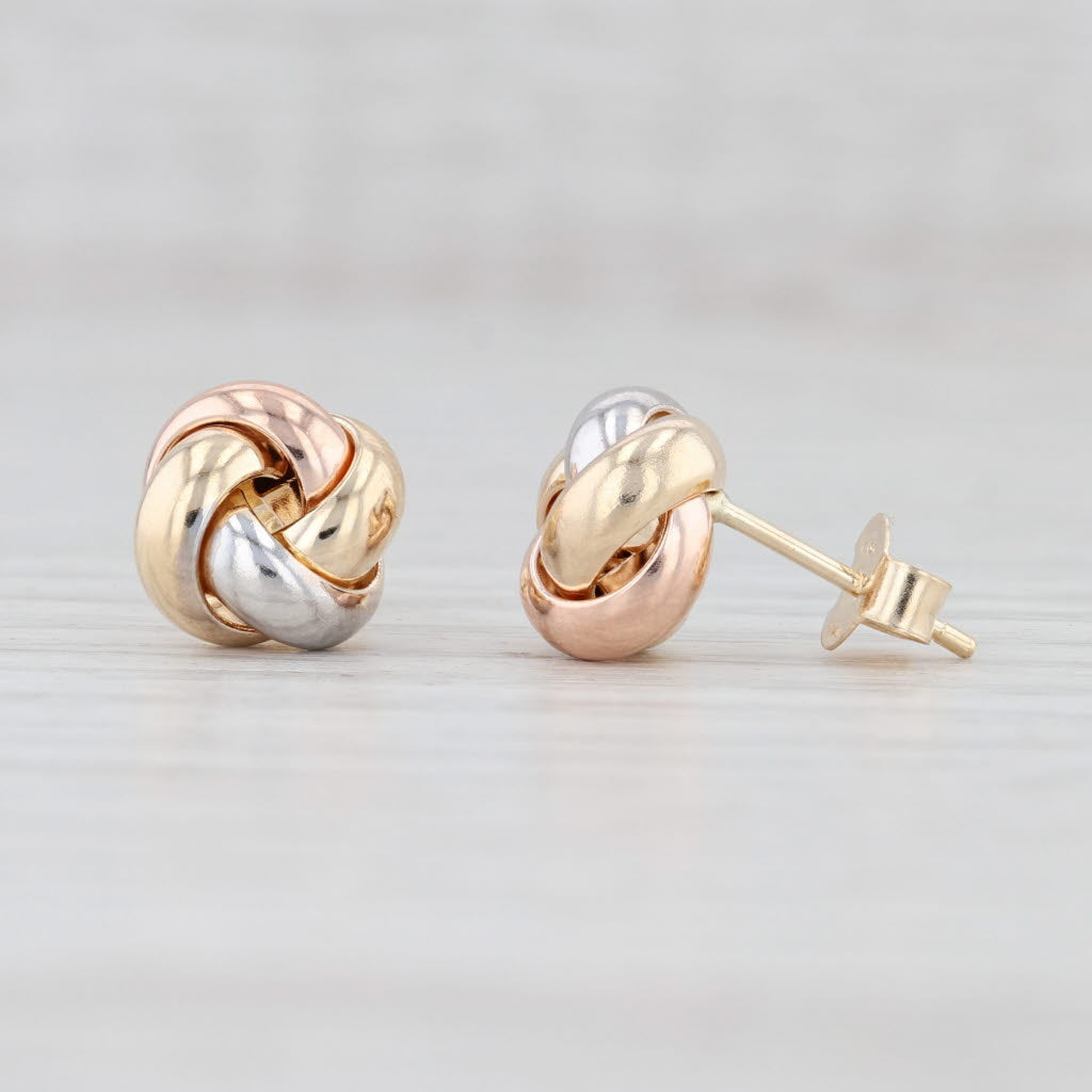 Light Gray New Tri-Toned Love Knot Earrings 14k Yellow Rose White Gold Pierced Studs