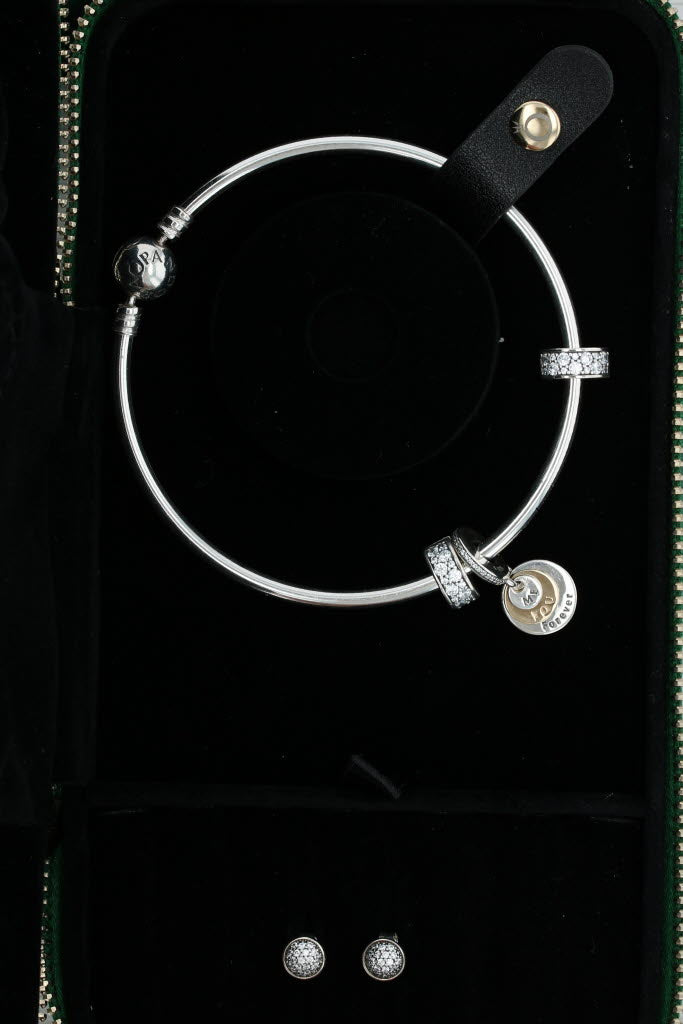 Black New Authentic Pandora Love You Forever Gift Set B800747 Bangle Earrings Case