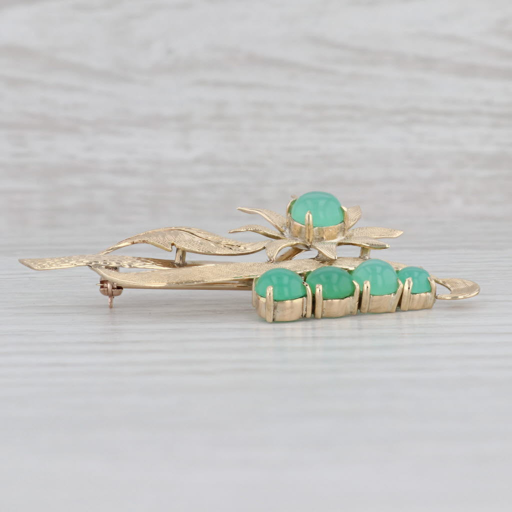 Gray Vintage Green Chrysoprase Flower Brooch 14k Yellow Gold Floral Statement Pin