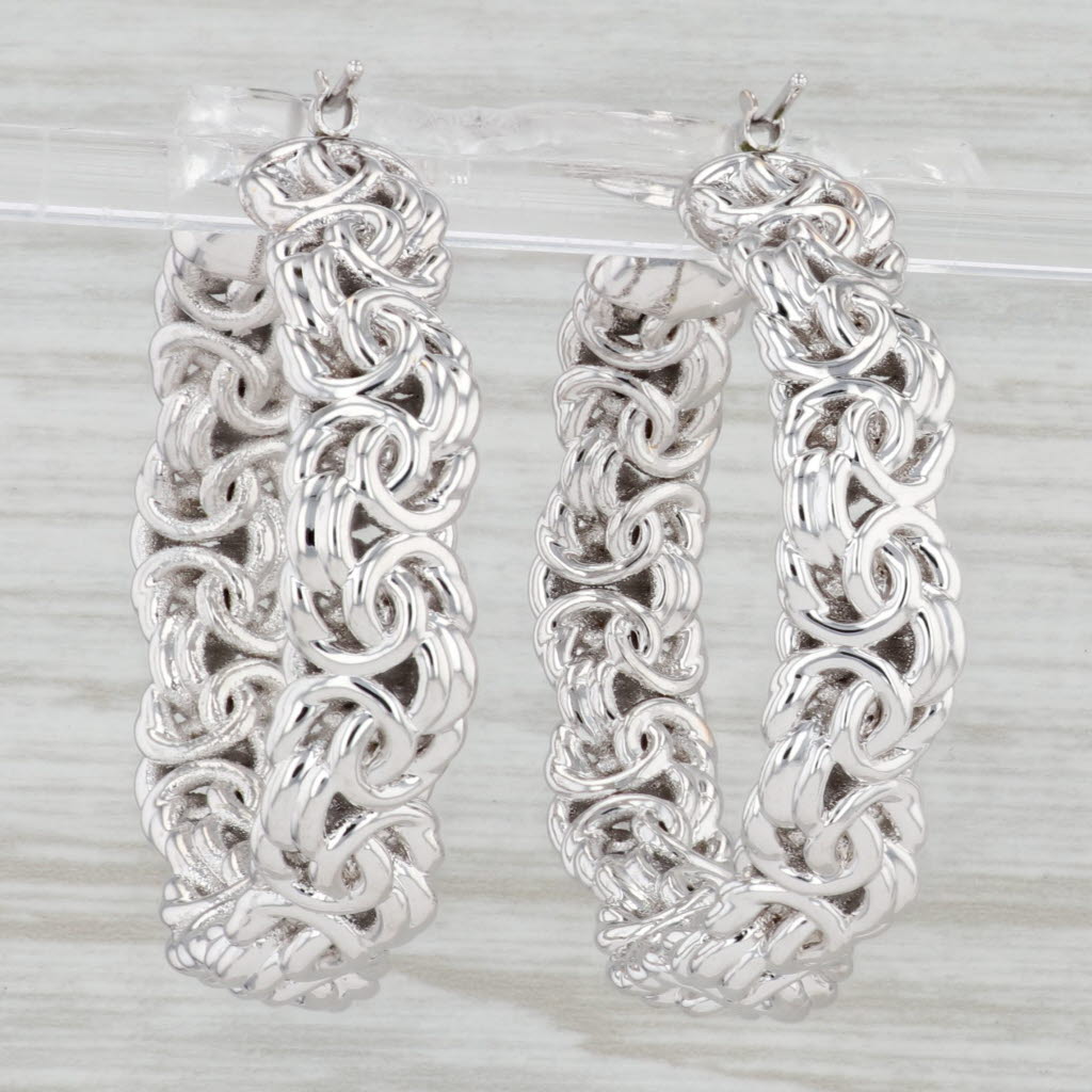 Light Gray Byzantine Hoop Earrings 14k White Gold Snap Top Round Hoops Statement