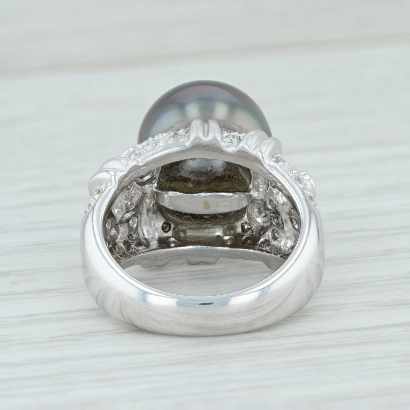 Light Gray Cultured Black Pearl Diamond Cocktail Ring 18k White Gold Size 6.5 High Carat