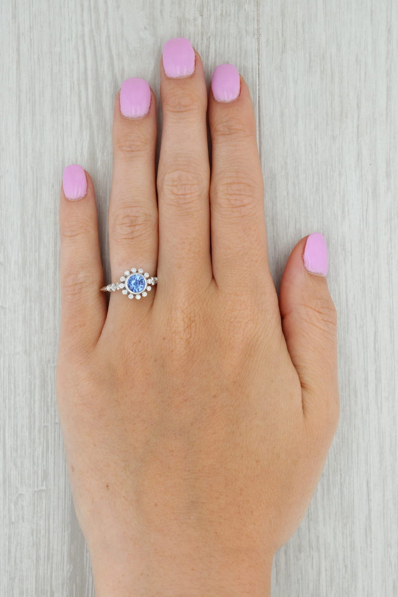 Tan New 1.09ctw Blue Sapphire Diamond Halo Ring 14k White Gold 6.75 Engagement
