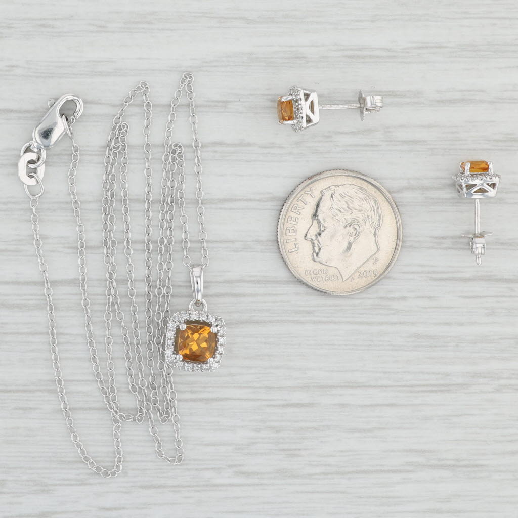 Light Gray 1.14ctw Orange Citrine Diamond Halo Earrings Necklace Set Sterling Silver 18"