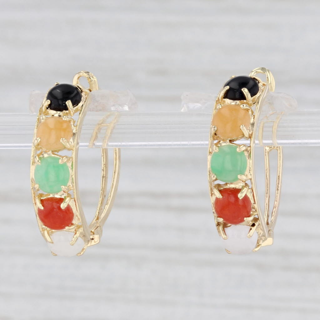 Light Gray Jadeite Jade Glass Hoop Earrings 14k Yellow Gold Pierced Round Hoops