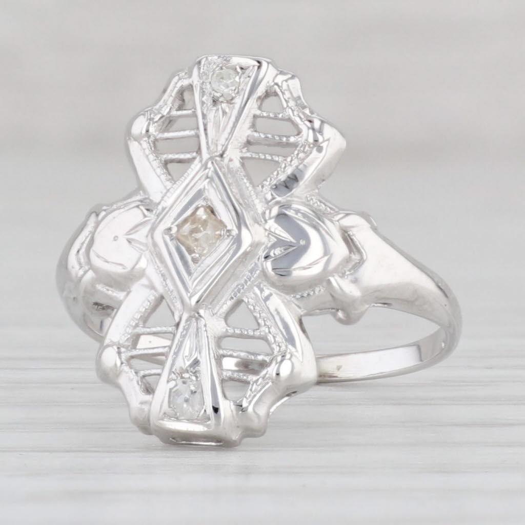 Light Gray Art Deco Diamond Ring 14k White Gold Size 5.75 Filigree Openwork