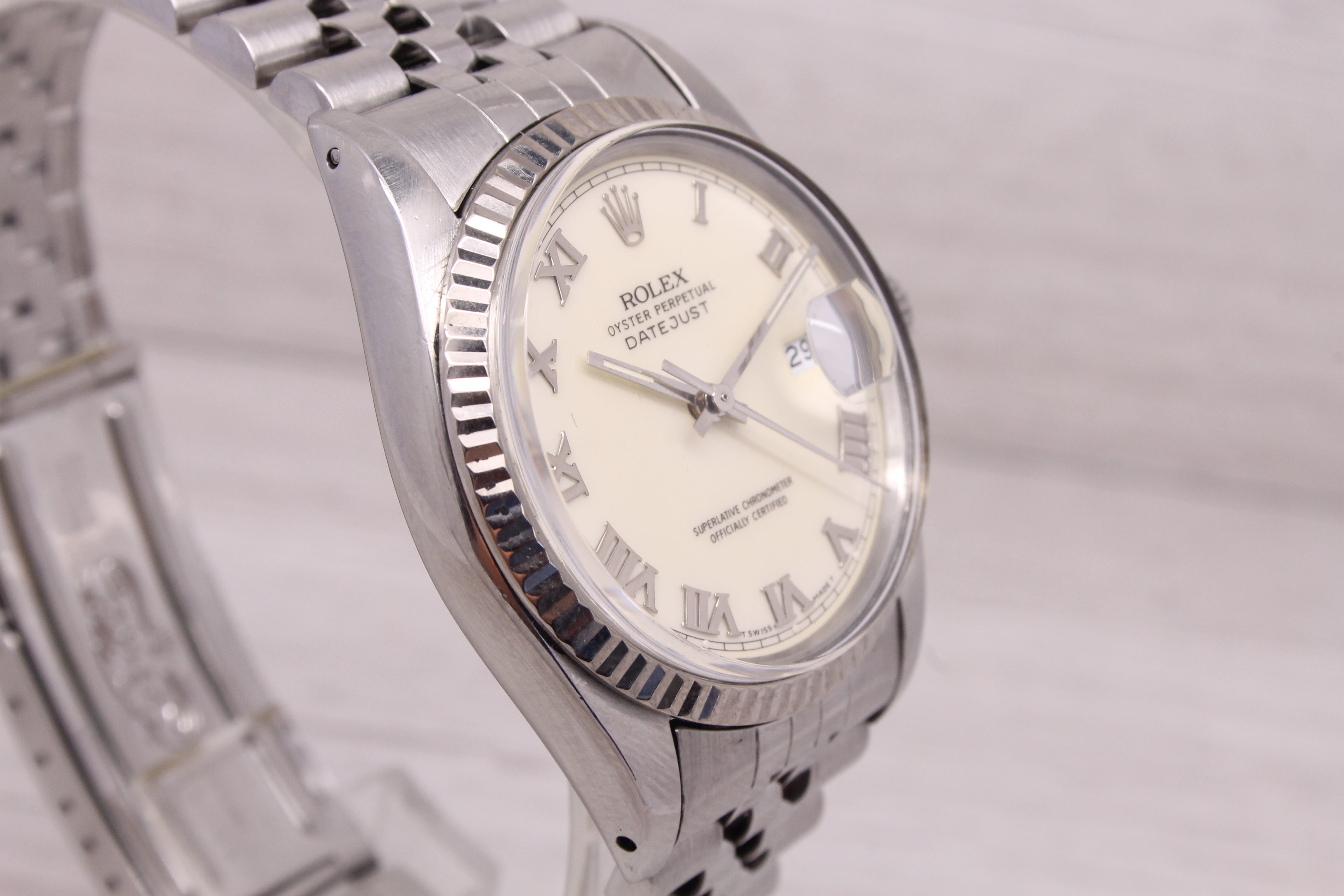 Gray 1986 Rolex Datejust 16014 Mens 36mm Steel Automatic Watch Jubilee Roman Cream