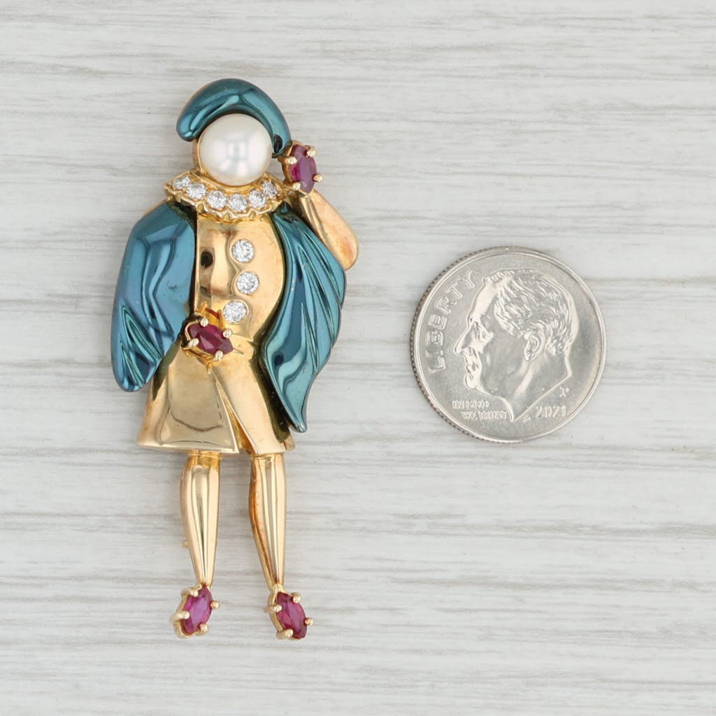 Light Gray Ludwig Muller RARE Blue Gold Brooch 18k Gold Pearl Diamond Ruby Pin