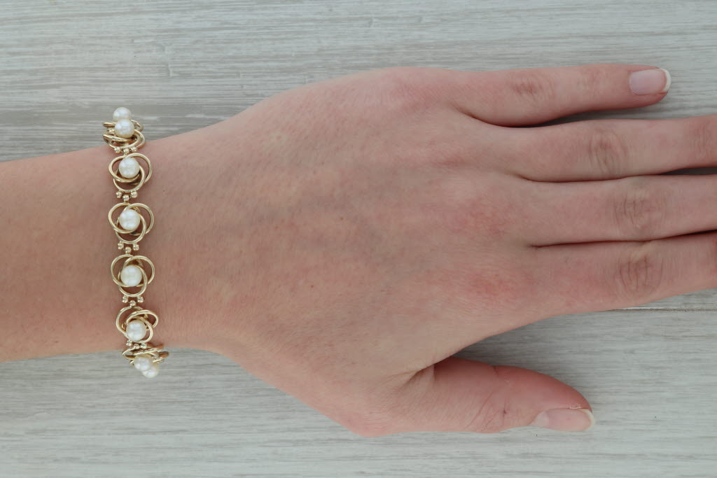 Rosy Brown Cultured Pearl Knot Links Bracelet 14k Yellow Gold 7.5" 11.7mm