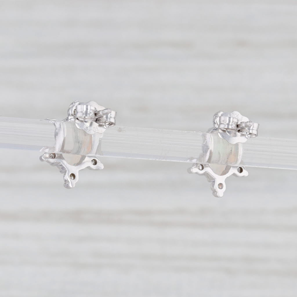 Light Gray Oval Opal Diamond Halo Stud Earrings 14k White Gold
