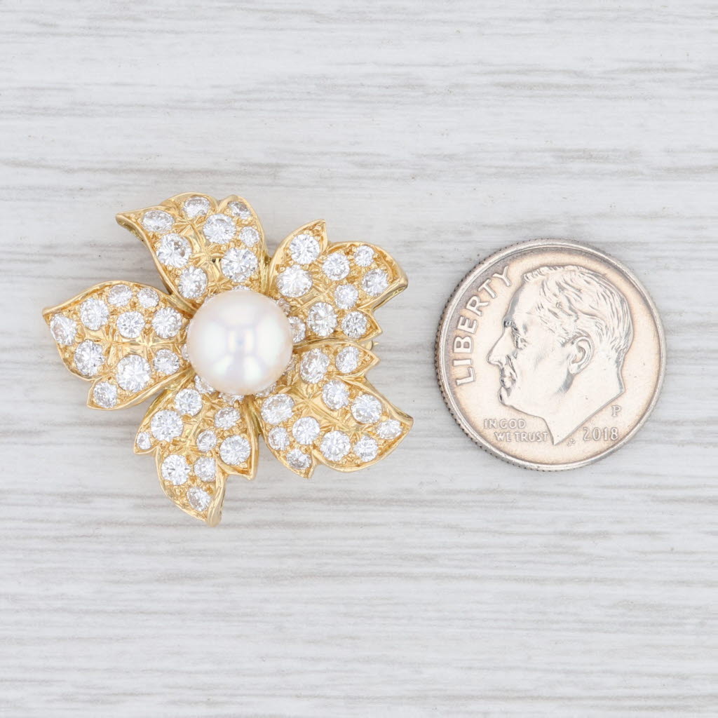Light Gray 2.25ctw VVS Diamond & Pearl Flower Brooch 18k Yellow Gold Floral Statement Pin