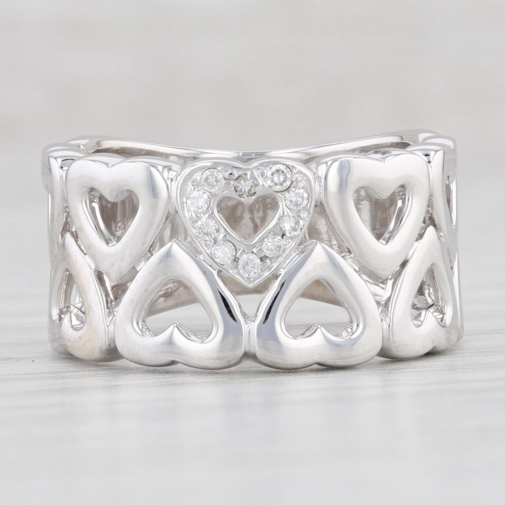 Light Gray Diamond Accented Hearts Band 14k White Gold Size 6.25 Statement Ring