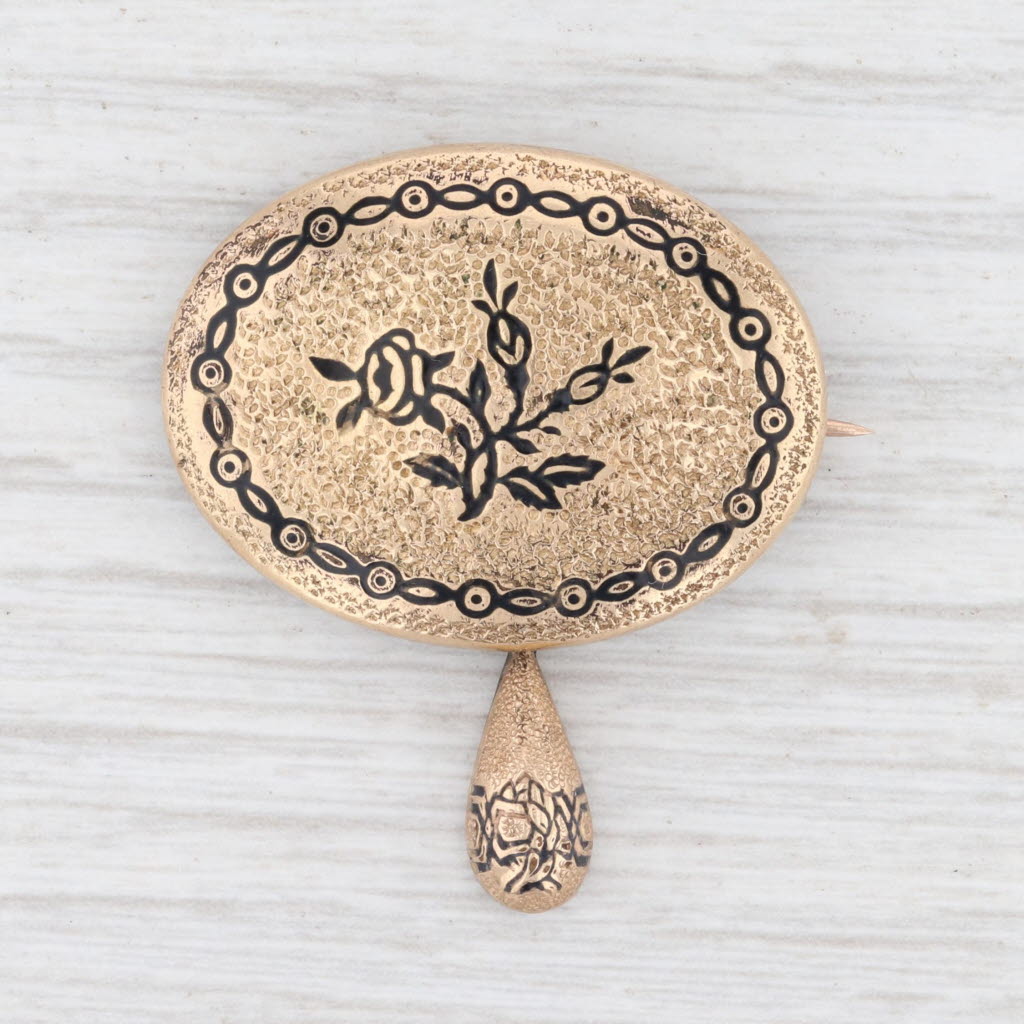Light Gray Antique Floral Brooch Gold Filled Enamel 1800s Keepsake Pin