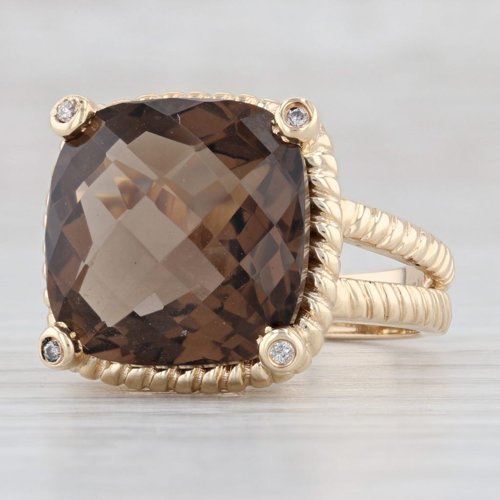 Light Gray Effy Smoky Quartz Diamond Ring 14k Gold Size 7.25 Cocktail Cushion Solitaire