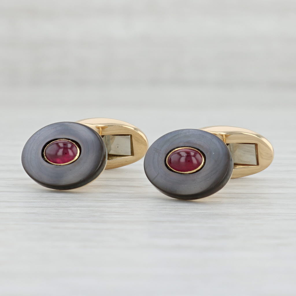 Light Gray Vintage Ruby Mother of Pearl Cufflinks 18k Yellow Gold West Germany