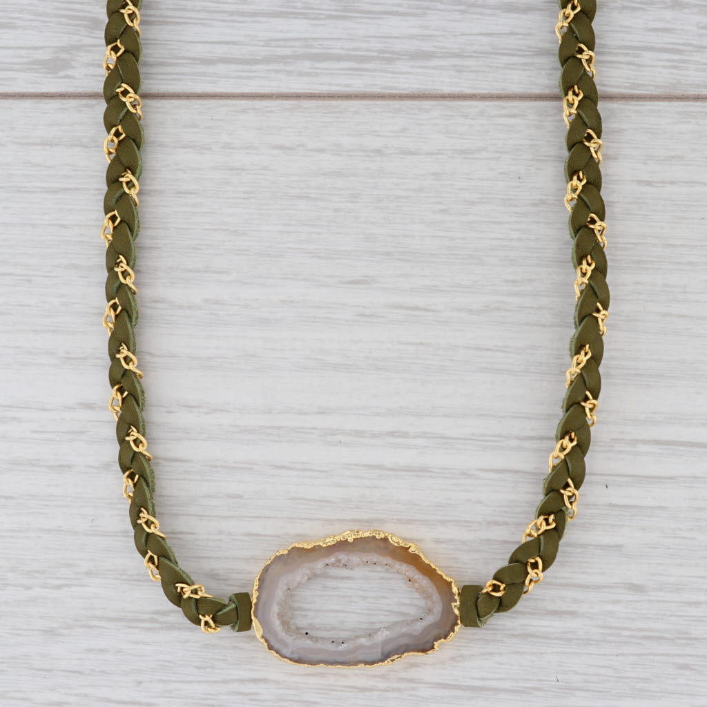 Light Gray New Nina Nguyen Cordelia Necklace Druzy Geode Woven Green Leather