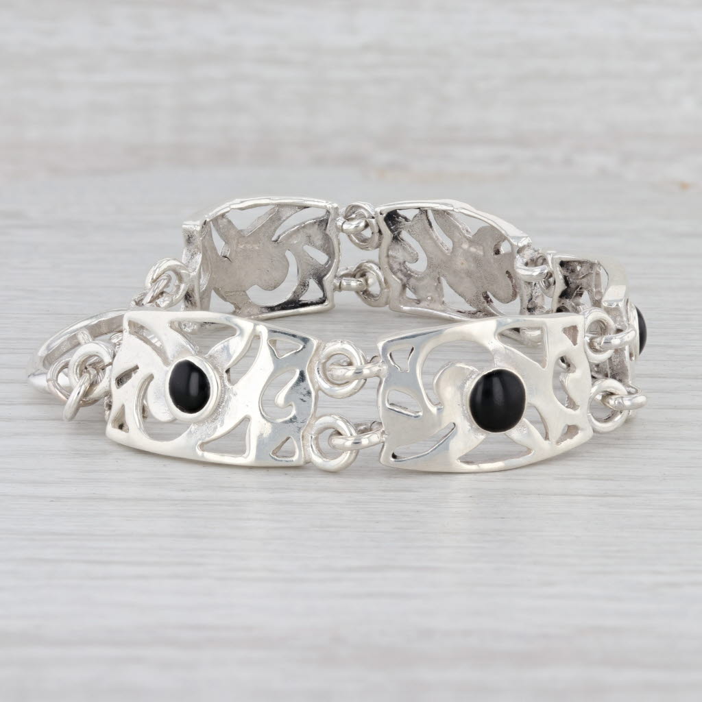Light Gray New Black Resin Ornate Link Bracelet Sterling Silver Toggle Clasp 7.5 15.4mm